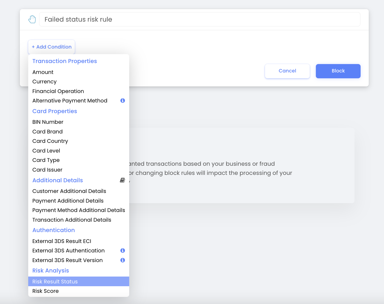 Configure Blocking Rules: Add Blocking Condition